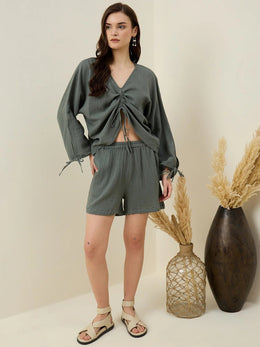 Green Solid V-Neck Co-ords Set for Women - SanskrutiHomes 
