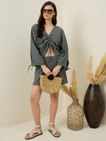 Green Solid V-Neck Co-ords Set for Women - SanskrutiHomes 