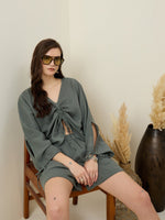 Green Solid V-Neck Co-ords Set for Women - SanskrutiHomes 
