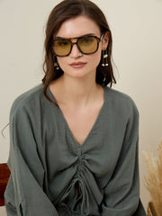 Green Solid V-Neck Co-ords Set for Women - SanskrutiHomes 