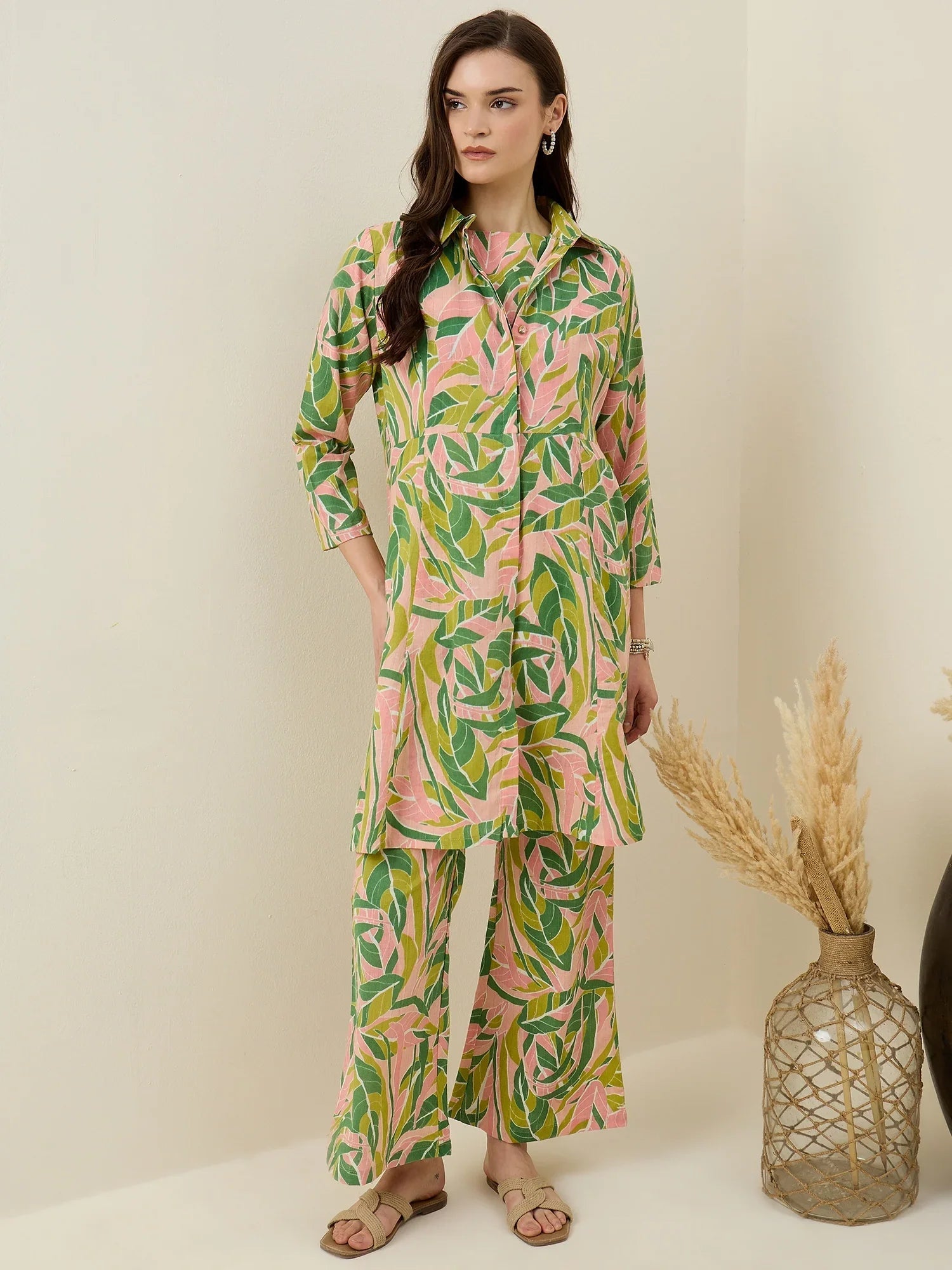 Multi Shirt Collar Pure Cotton Top Printed Co-ords Set for Women - SanskrutiHomes 