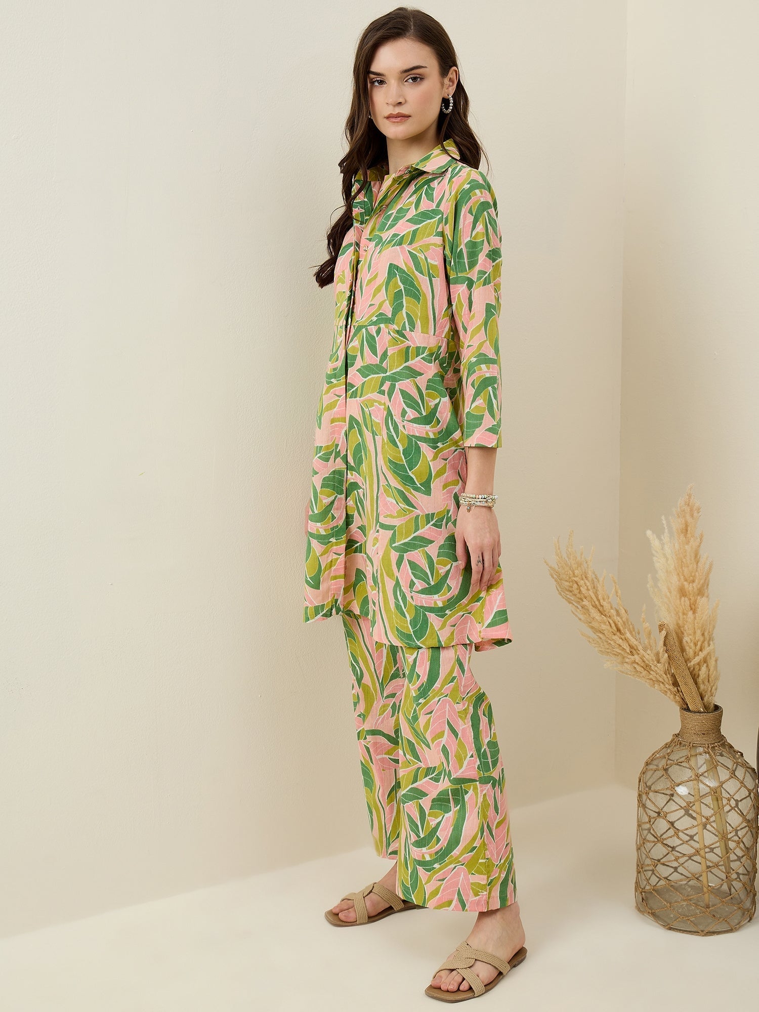 Multicolor Leaf Printed Cotton Co-ord Set for Women - SanskrutiHomes 