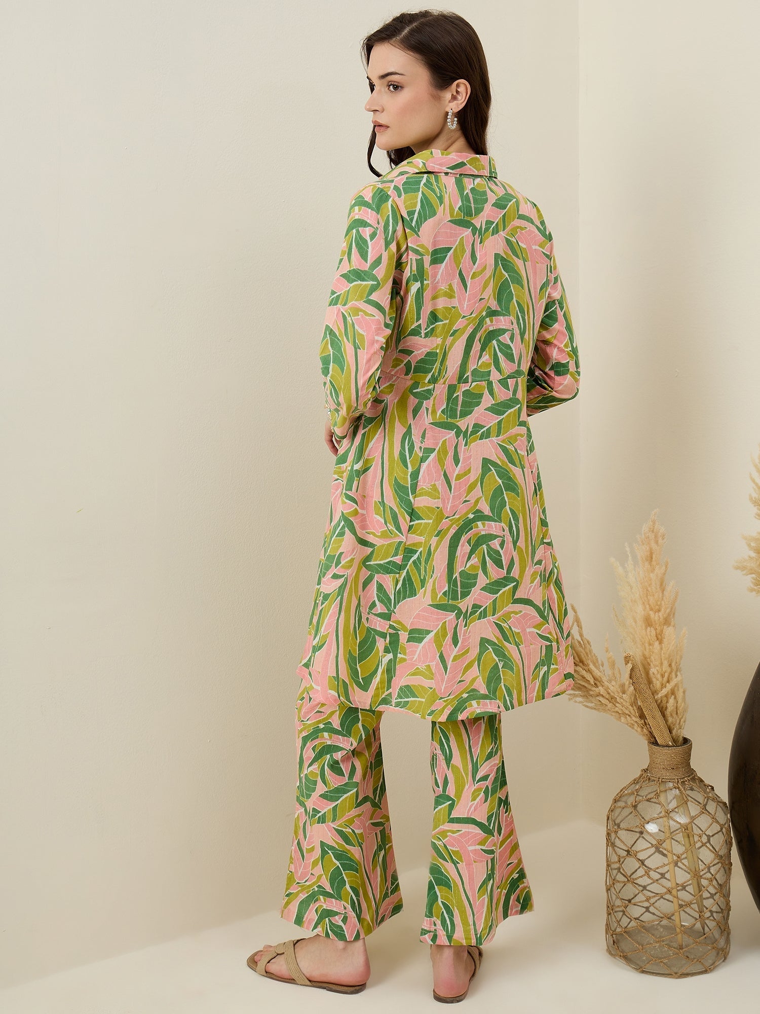 Multicolor Leaf Printed Cotton Co-ord Set for Women - SanskrutiHomes 