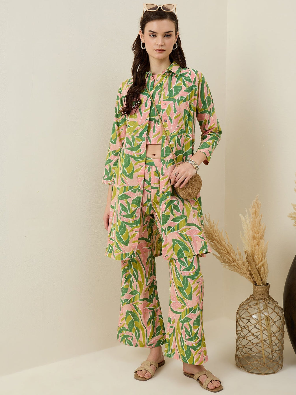 Multicolor Leaf Printed Cotton Co-ord Set for Women - SanskrutiHomes 