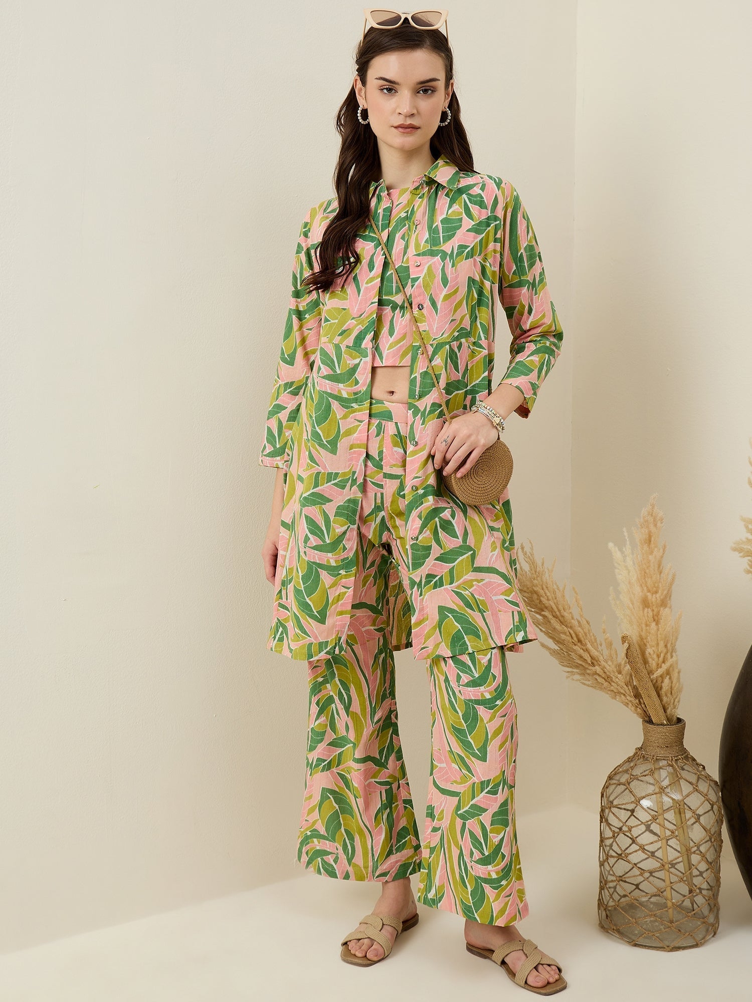 Multicolor Leaf Printed Cotton Co-ord Set for Women - SanskrutiHomes 