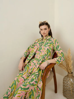 Multicolor Leaf Printed Cotton Co-ord Set for Women - SanskrutiHomes 