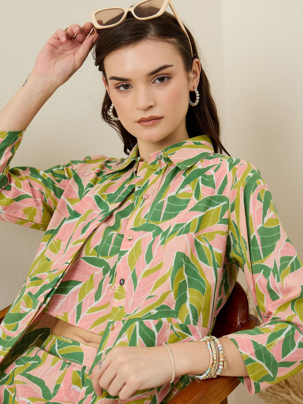 Multicolor Leaf Printed Cotton Co-ord Set for Women - SanskrutiHomes 