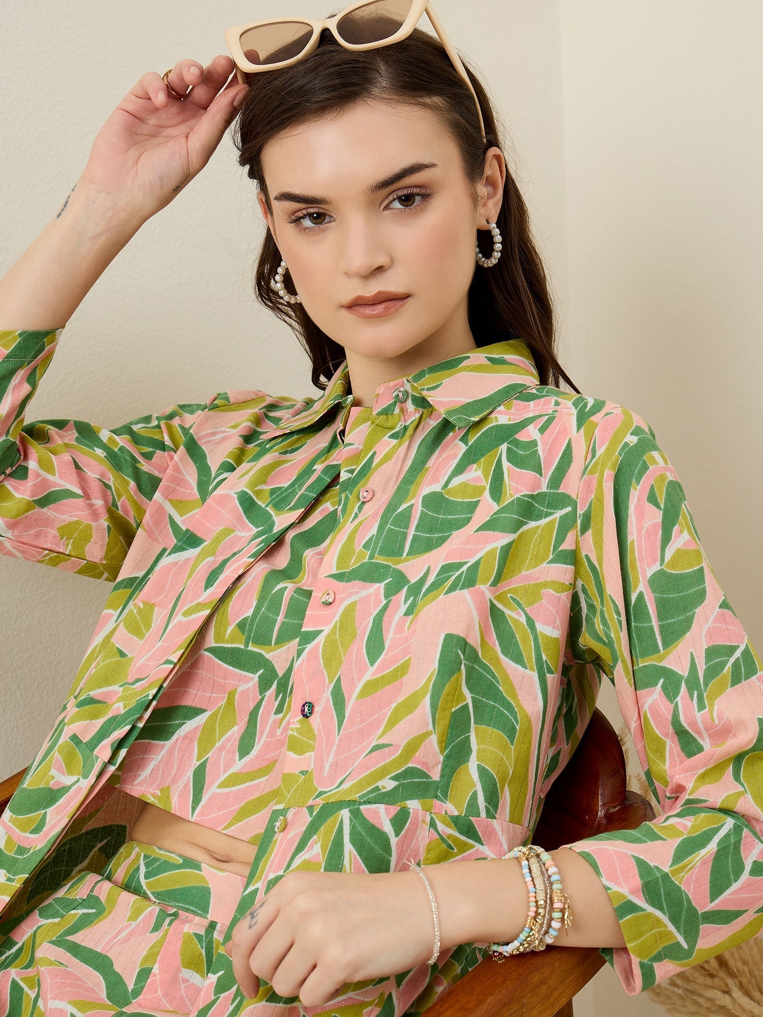 Multicolor Leaf Printed Cotton Co-ord Set for Women - SanskrutiHomes 