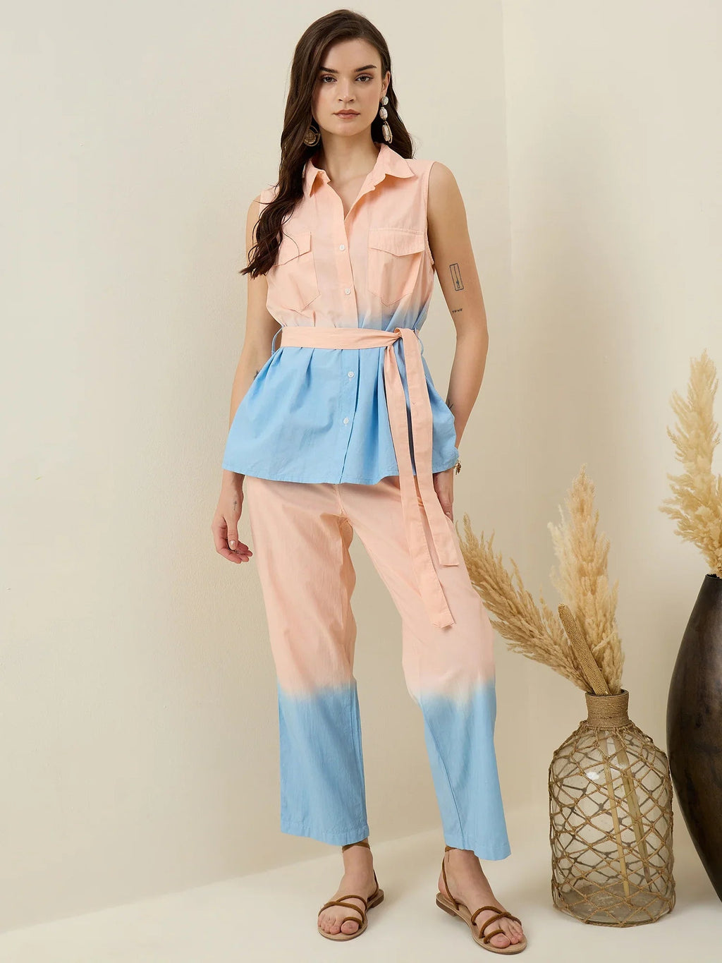 Peach Pure Cotton Shirt Collar Co-Ord Set for Women - SanskrutiHomes 