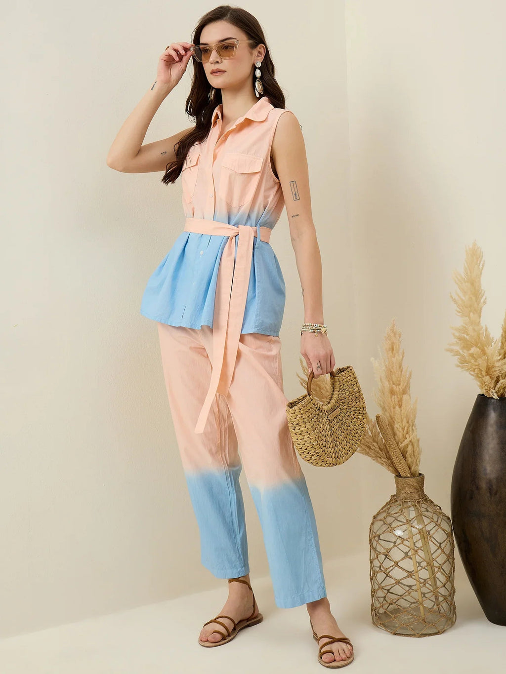 Peach Pure Cotton Shirt Collar Co-Ord Set for Women - SanskrutiHomes 