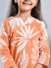 Orange Floral Printed Round Neck Kids Night Suit