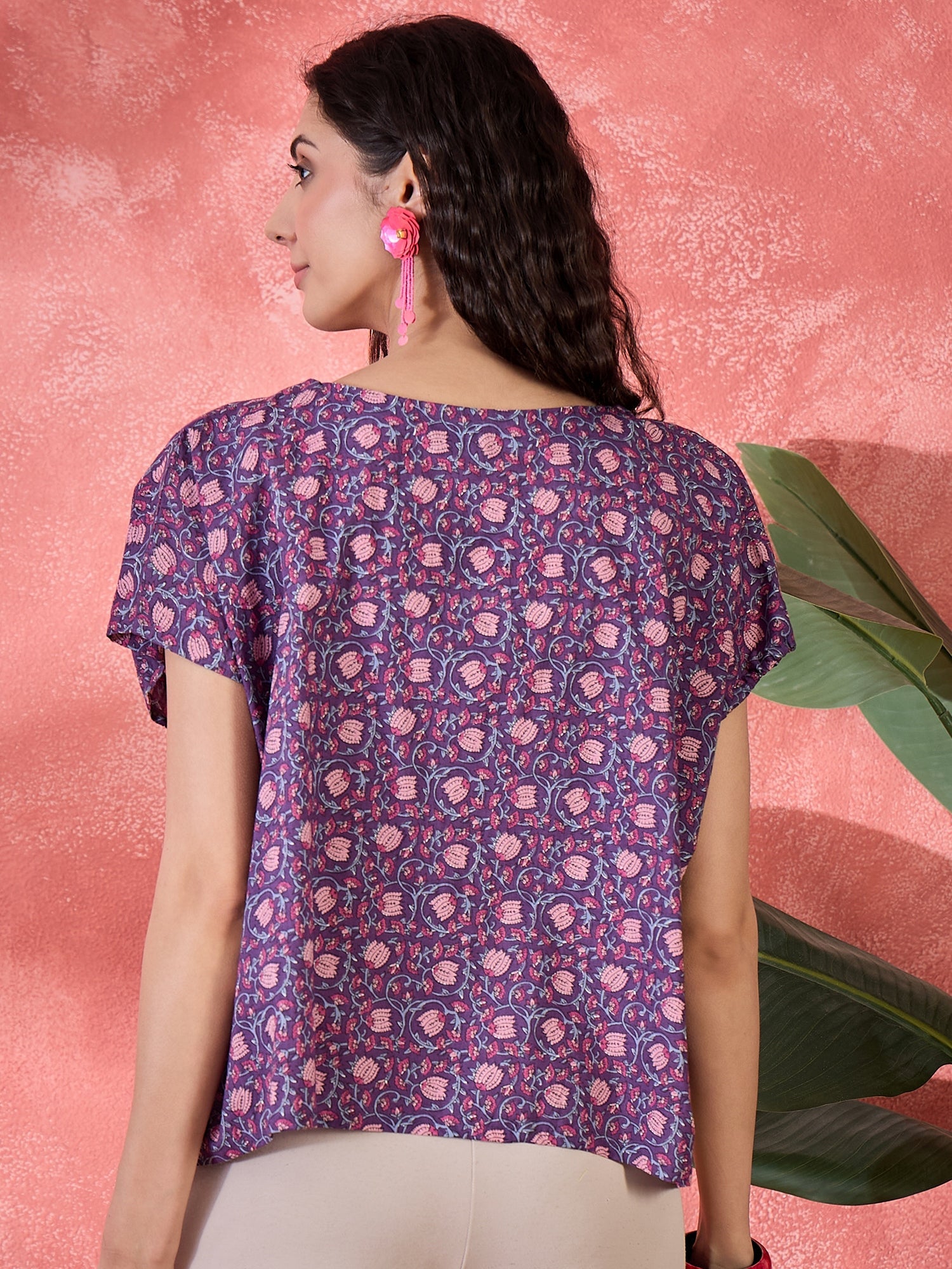 Purple Floral Print Cotton Blend Boxy Top For Women