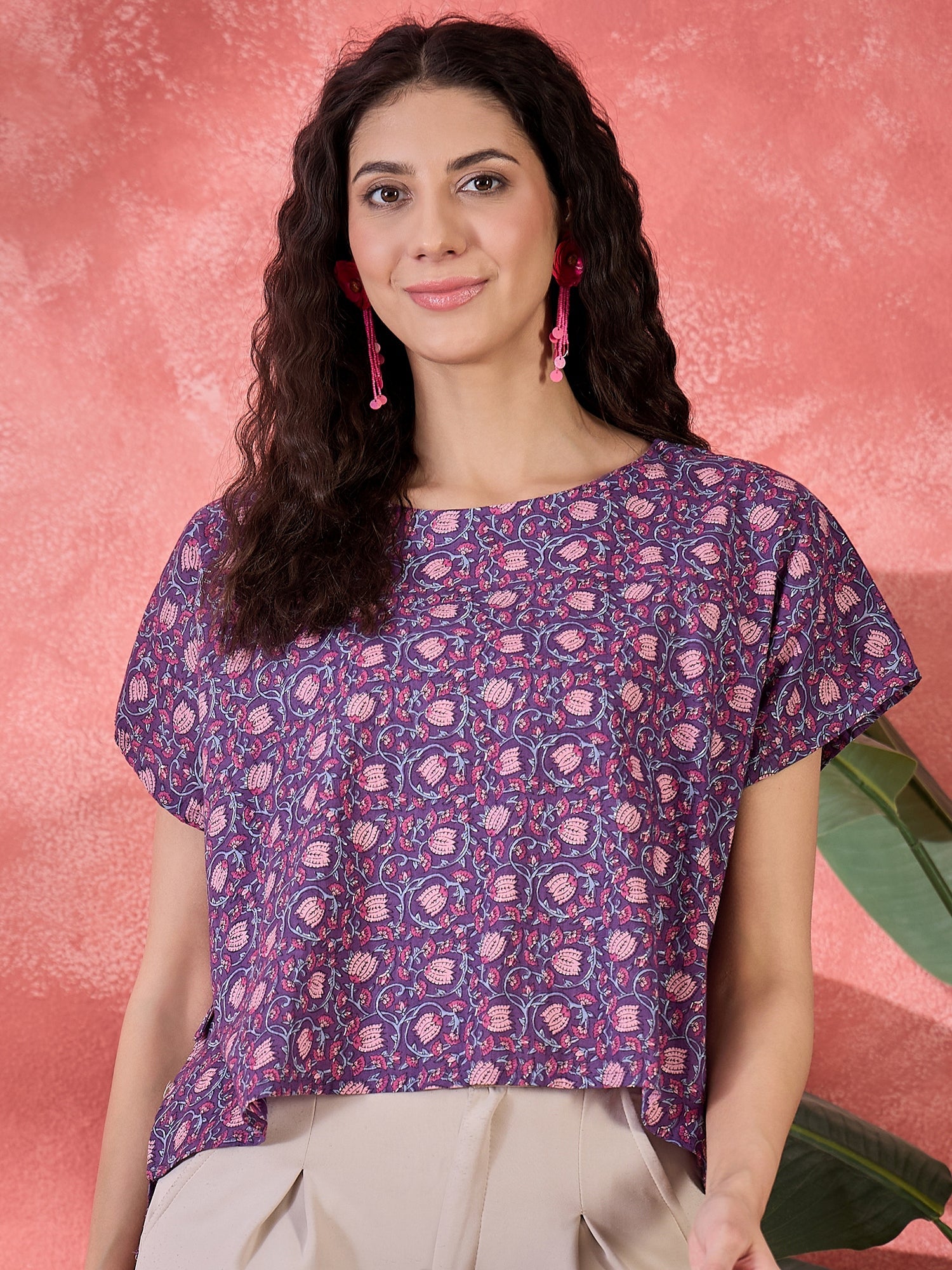 Purple Floral Print Cotton Blend Boxy Top For Women