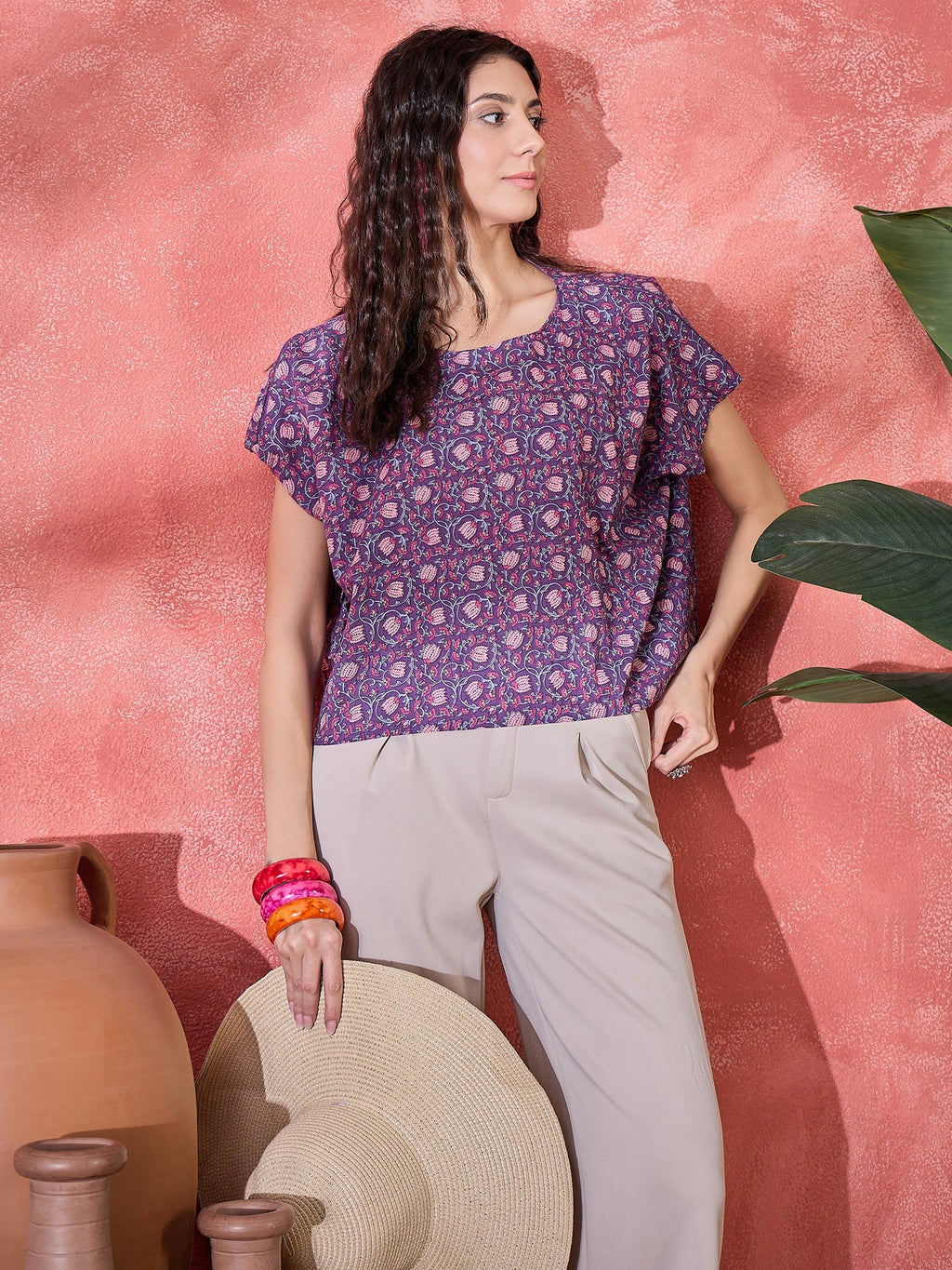 Purple Floral Print Cotton Blend Boxy Top For Women