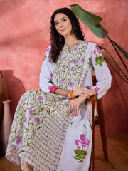 Off White Pure Cotton Round Neck Floral Kurta Set For Women