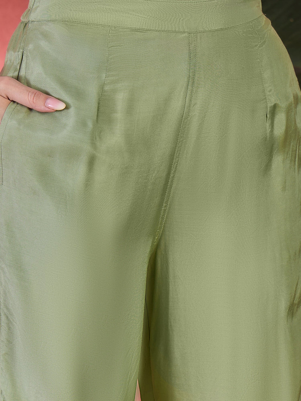 Green Art Silk V-Neck Floral Kurta Set For Women