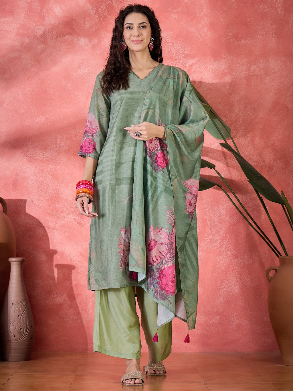 Green Art Silk V-Neck Floral Kurta Set For Women