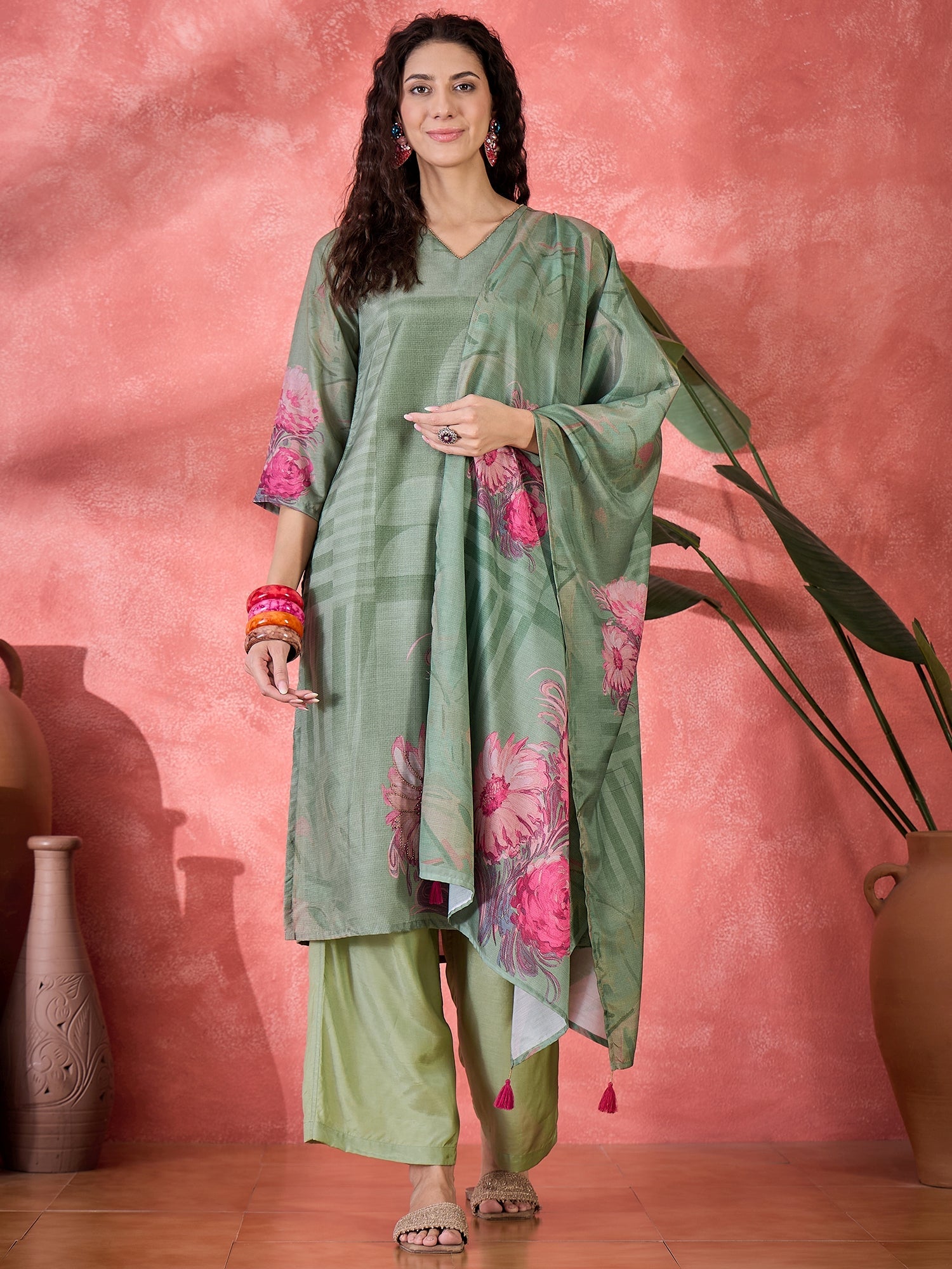 Green Art Silk V-Neck Floral Kurta Set For Women