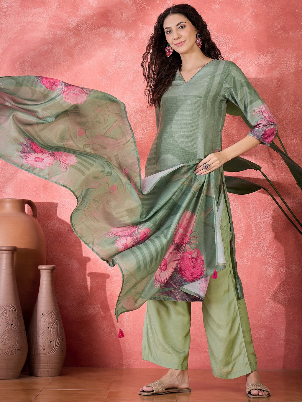 Green Art Silk V-Neck Floral Kurta Set For Women