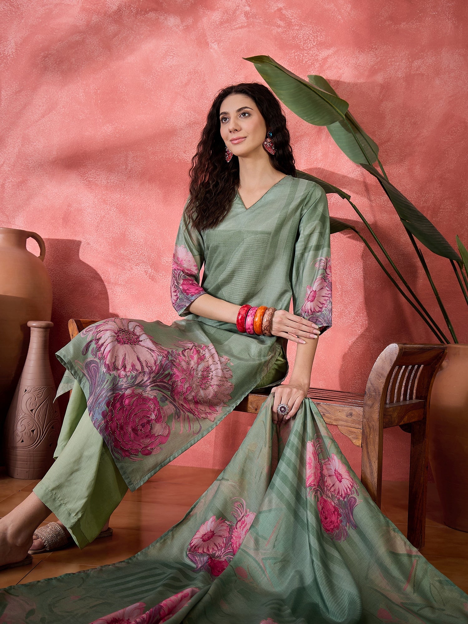 Green Art Silk V-Neck Floral Kurta Set For Women