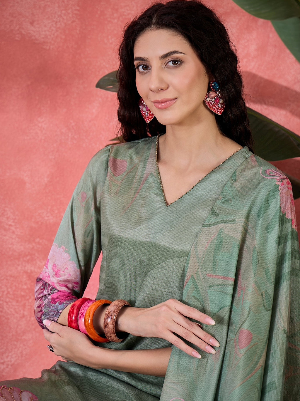 Green Art Silk V-Neck Floral Kurta Set For Women