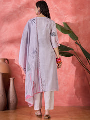 Pink Art Silk V-Neck Floral Kurta Set For Women