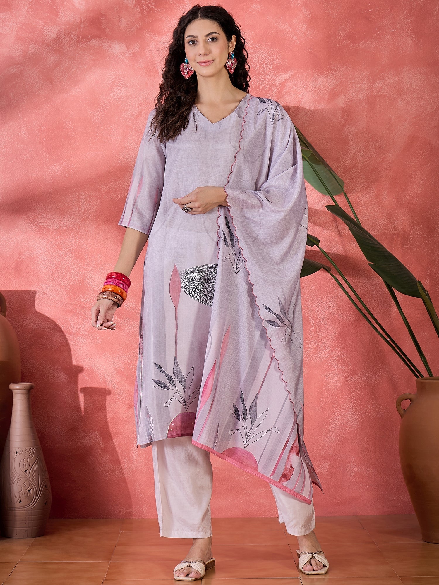 Pink Art Silk V-Neck Floral Kurta Set For Women