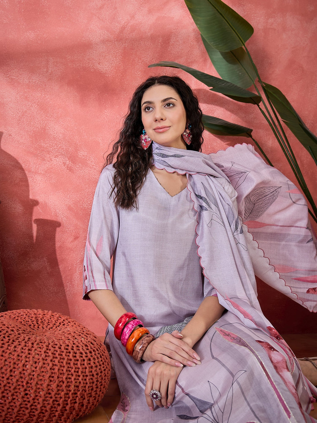 Pink Art Silk V-Neck Floral Kurta Set For Women