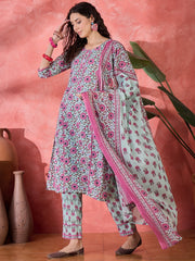 Green Pure Cotton Calf Length Round Neck Kurta Set For Women