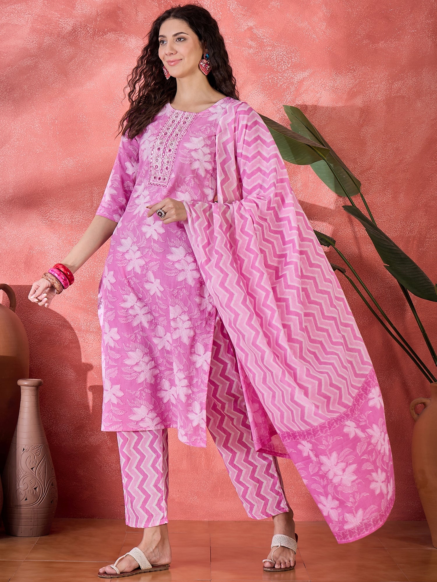 Pink Pure Cotton Round Neck Floral Kurta Set For Women