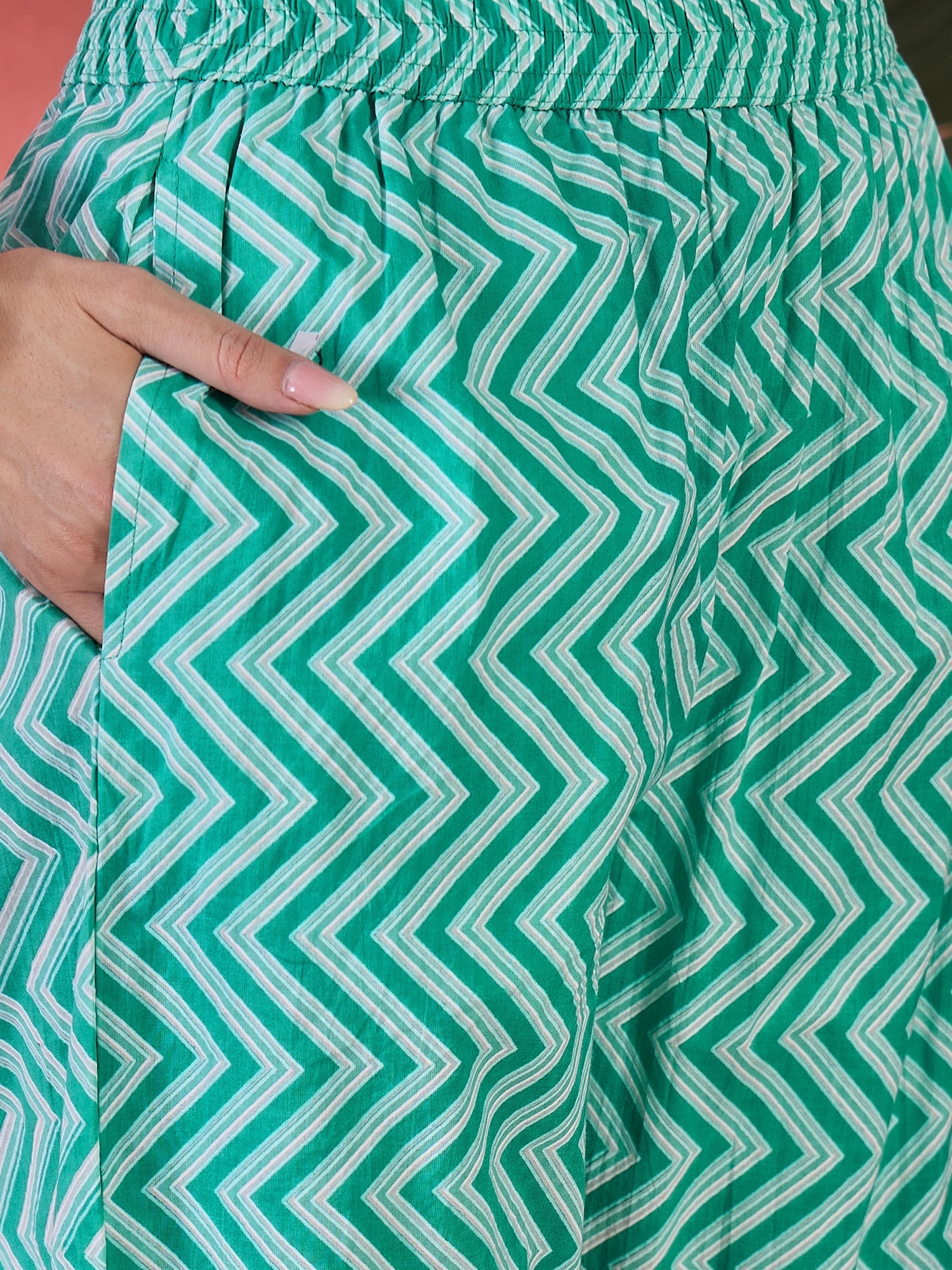 Sea Green Pure Cotton V-Neck Floral Kurta Set For Women