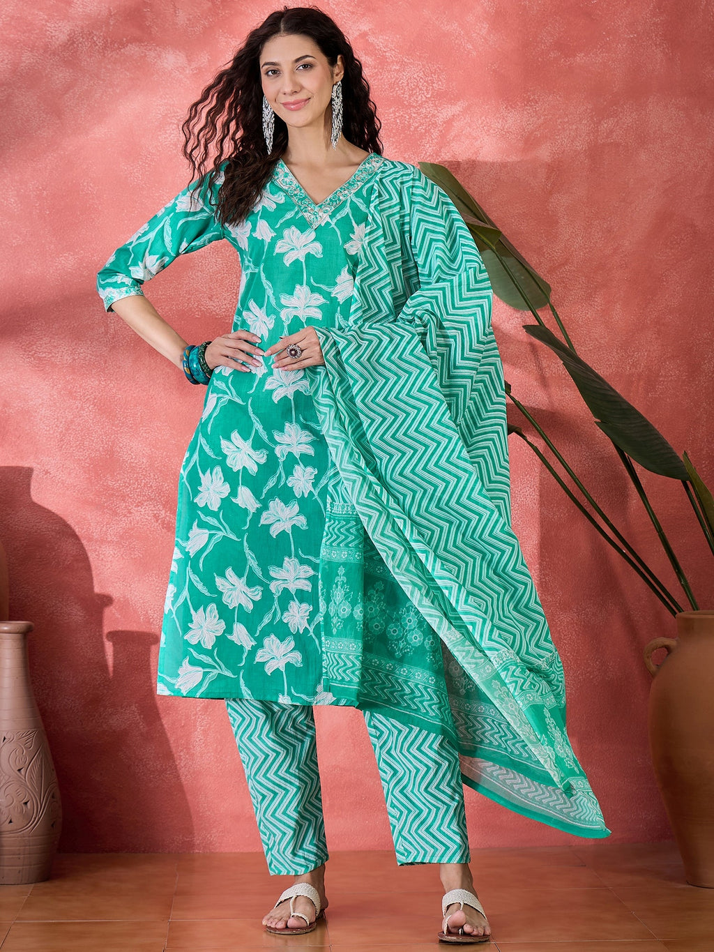 Sea Green Pure Cotton V-Neck Floral Kurta Set For Women