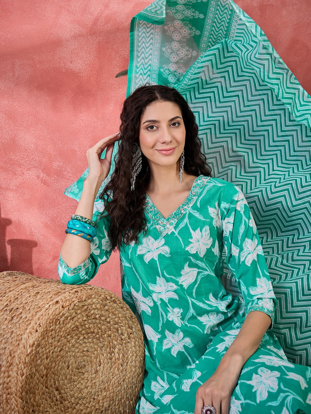 Sea Green Pure Cotton V-Neck Floral Kurta Set For Women