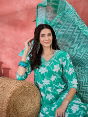 Sea Green Pure Cotton V-Neck Floral Kurta Set For Women