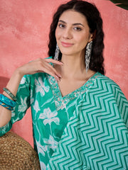 Sea Green Pure Cotton V-Neck Floral Kurta Set For Women