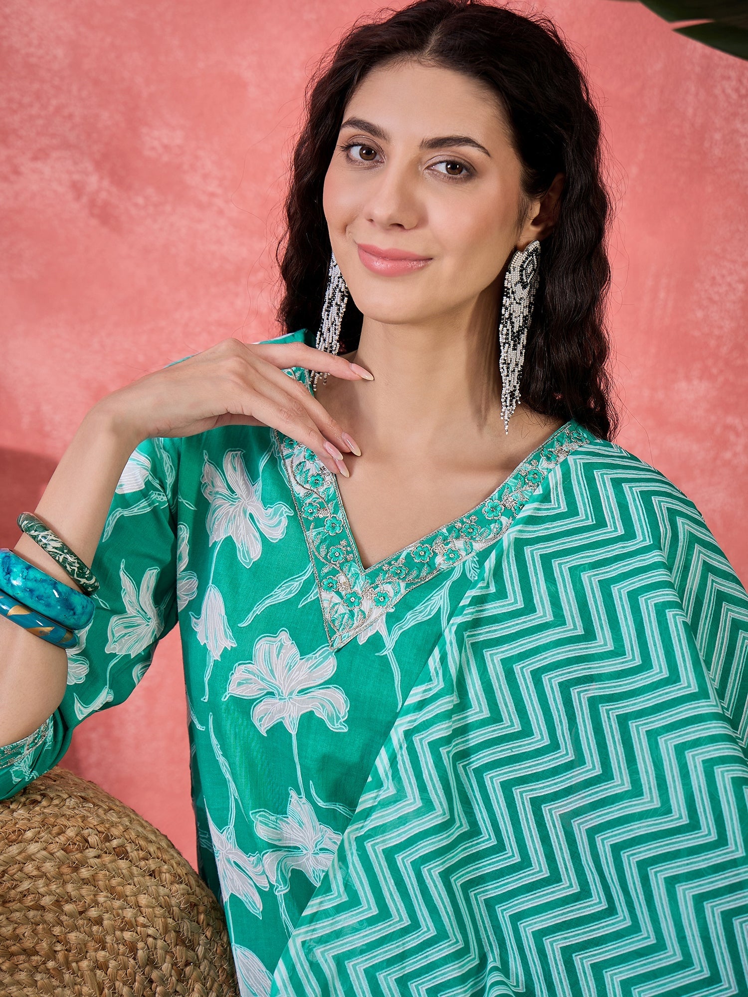 Sea Green Pure Cotton V-Neck Floral Kurta Set For Women