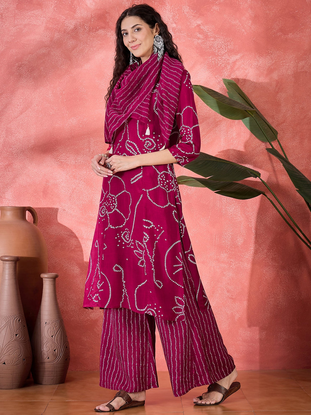 Brown Pure Cotton Calf Length Round Neck Kurta Set For Women