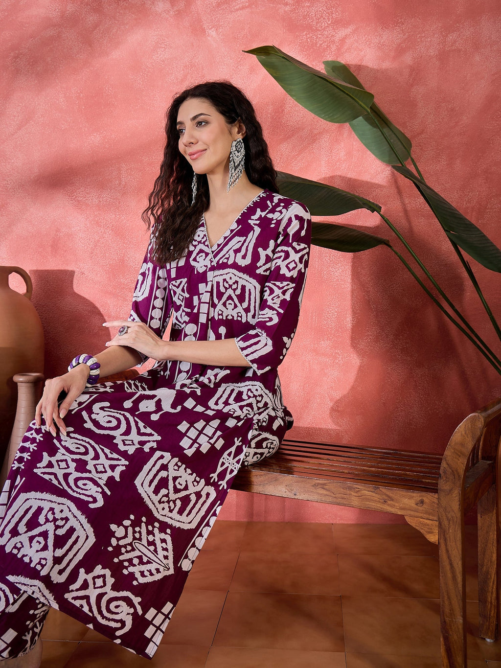 Purple Pure Cotton V-Neck Geometric Kurta Set For Women