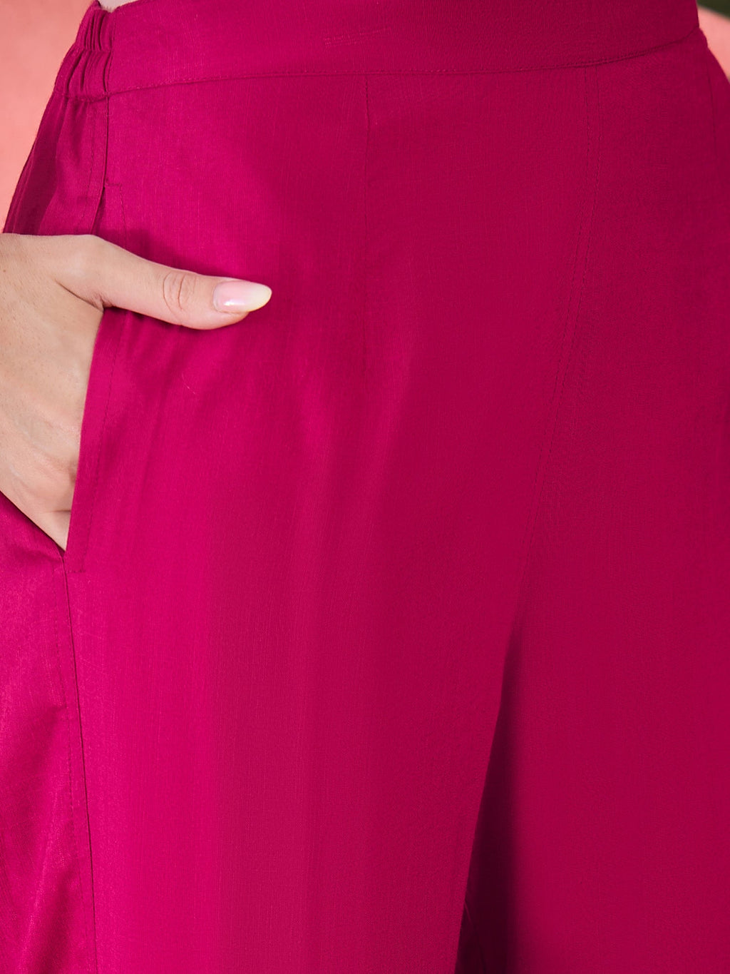 Pink Viscose Rayon Knee Length Round Neck Kurta Set For Women