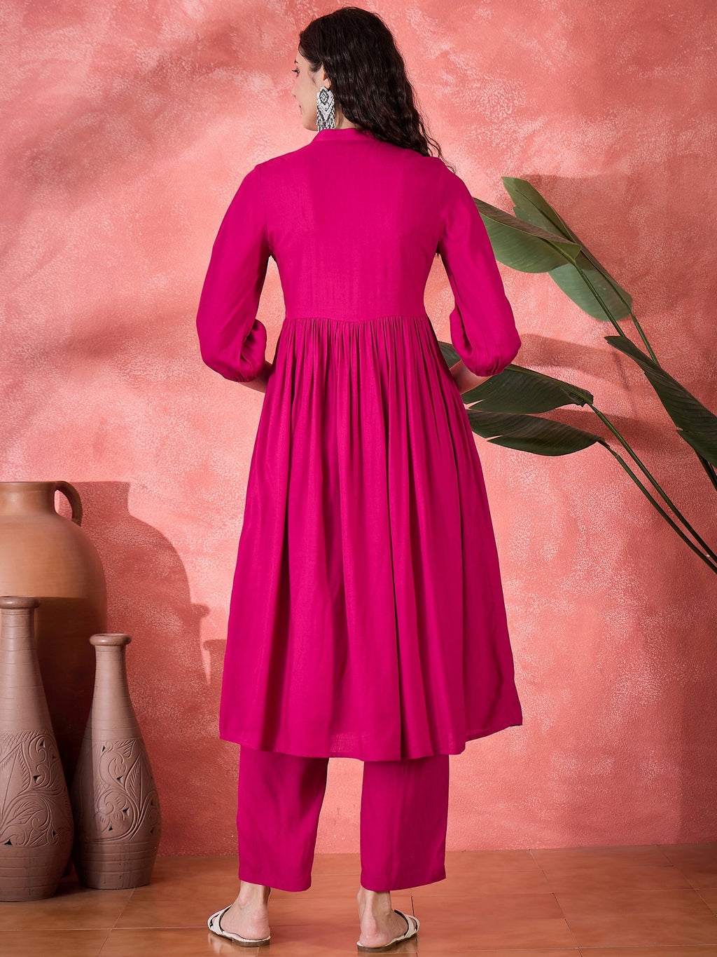 Pink Viscose Rayon Knee Length Round Neck Kurta Set For Women