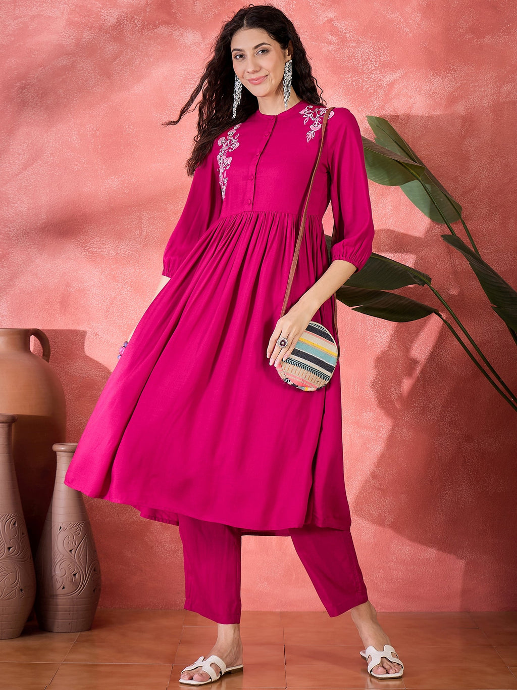 Pink Viscose Rayon Knee Length Round Neck Kurta Set For Women