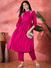 Pink Viscose Rayon Knee Length Round Neck Kurta Set For Women