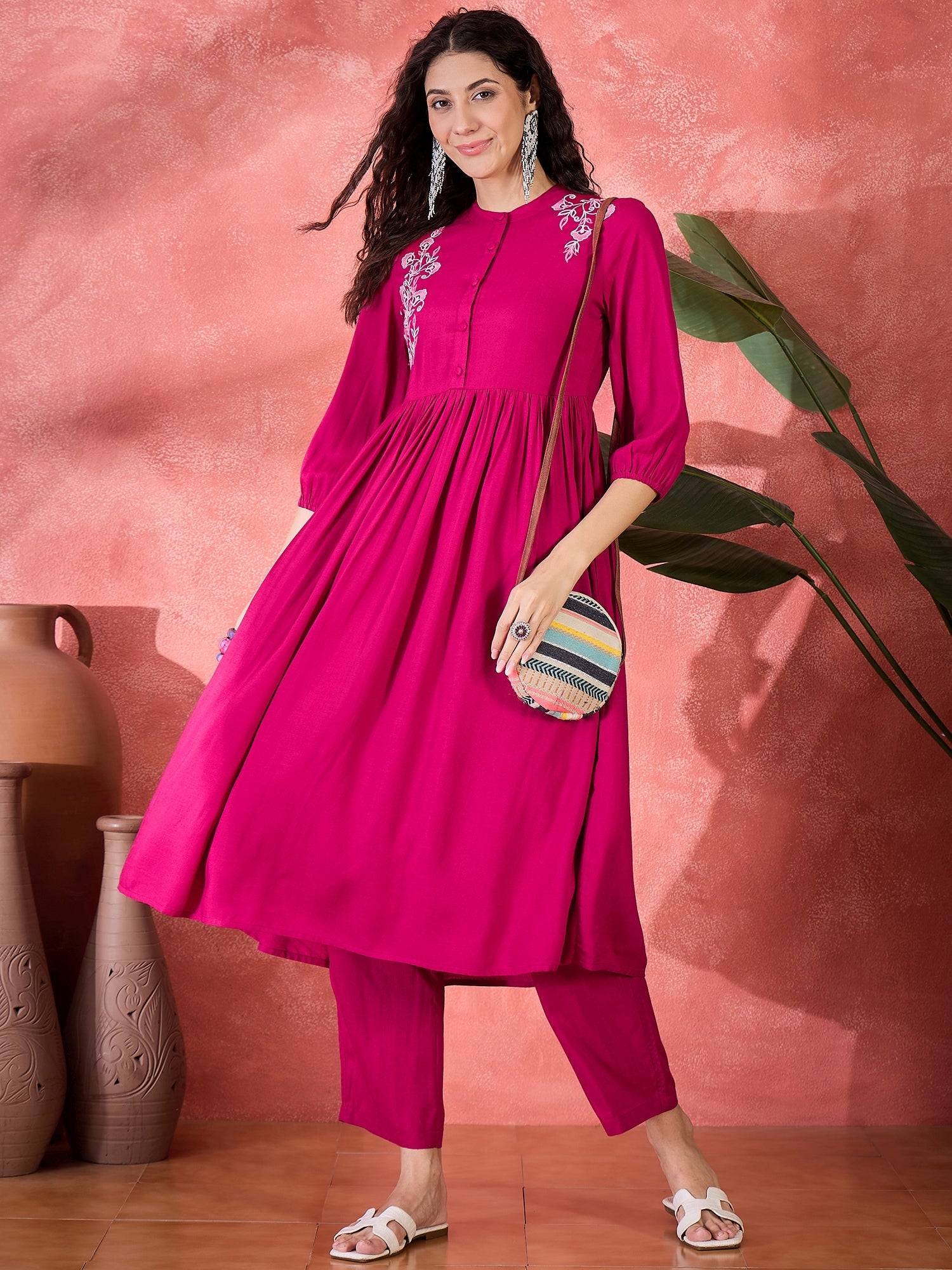 Pink Viscose Rayon Knee Length Round Neck Kurta Set For Women
