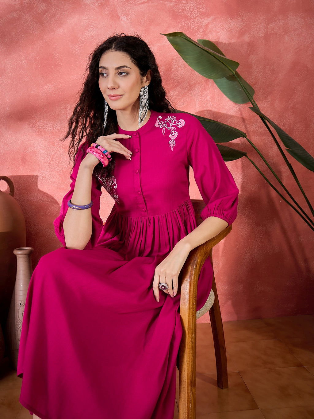 Pink Viscose Rayon Knee Length Round Neck Kurta Set For Women