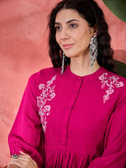 Pink Viscose Rayon Knee Length Round Neck Kurta Set For Women