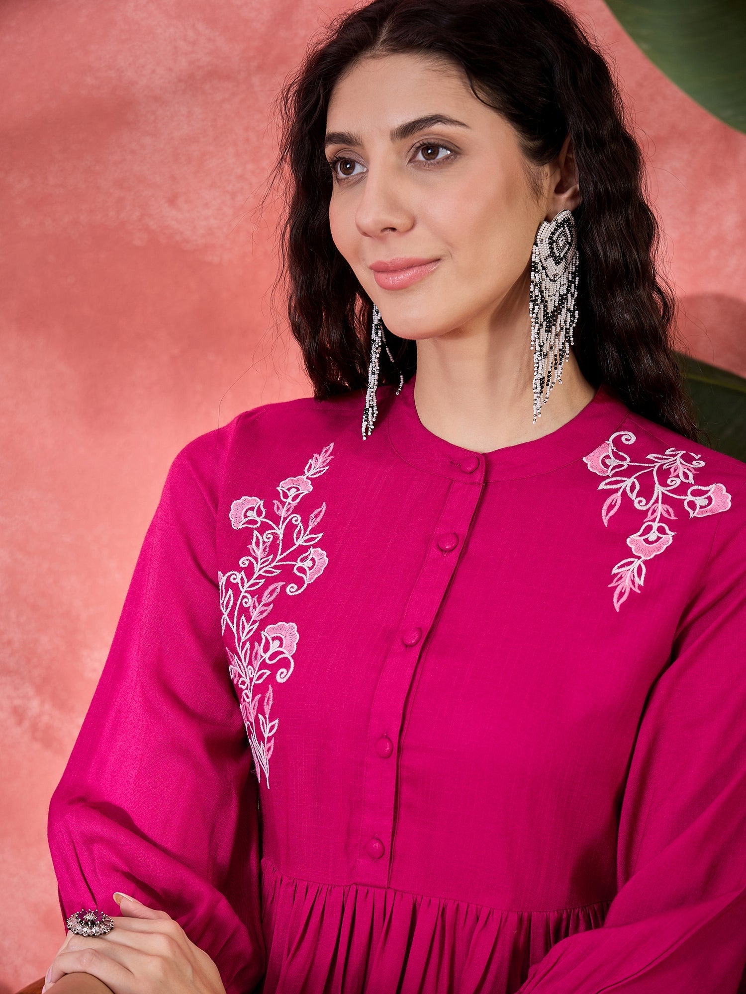 Pink Viscose Rayon Knee Length Round Neck Kurta Set For Women