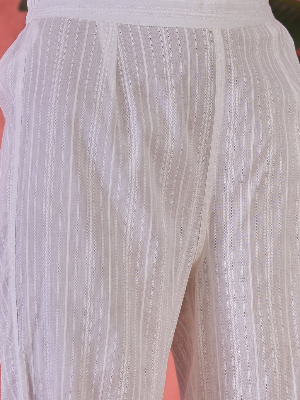 White Pure Cotton V-Neck Floral Kurta Set For Women