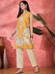 Mustard Floral Printed V-Neck Cotton Co-Ord Set For Women