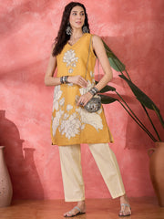 Mustard Floral Printed V-Neck Cotton Co-Ord Set For Women