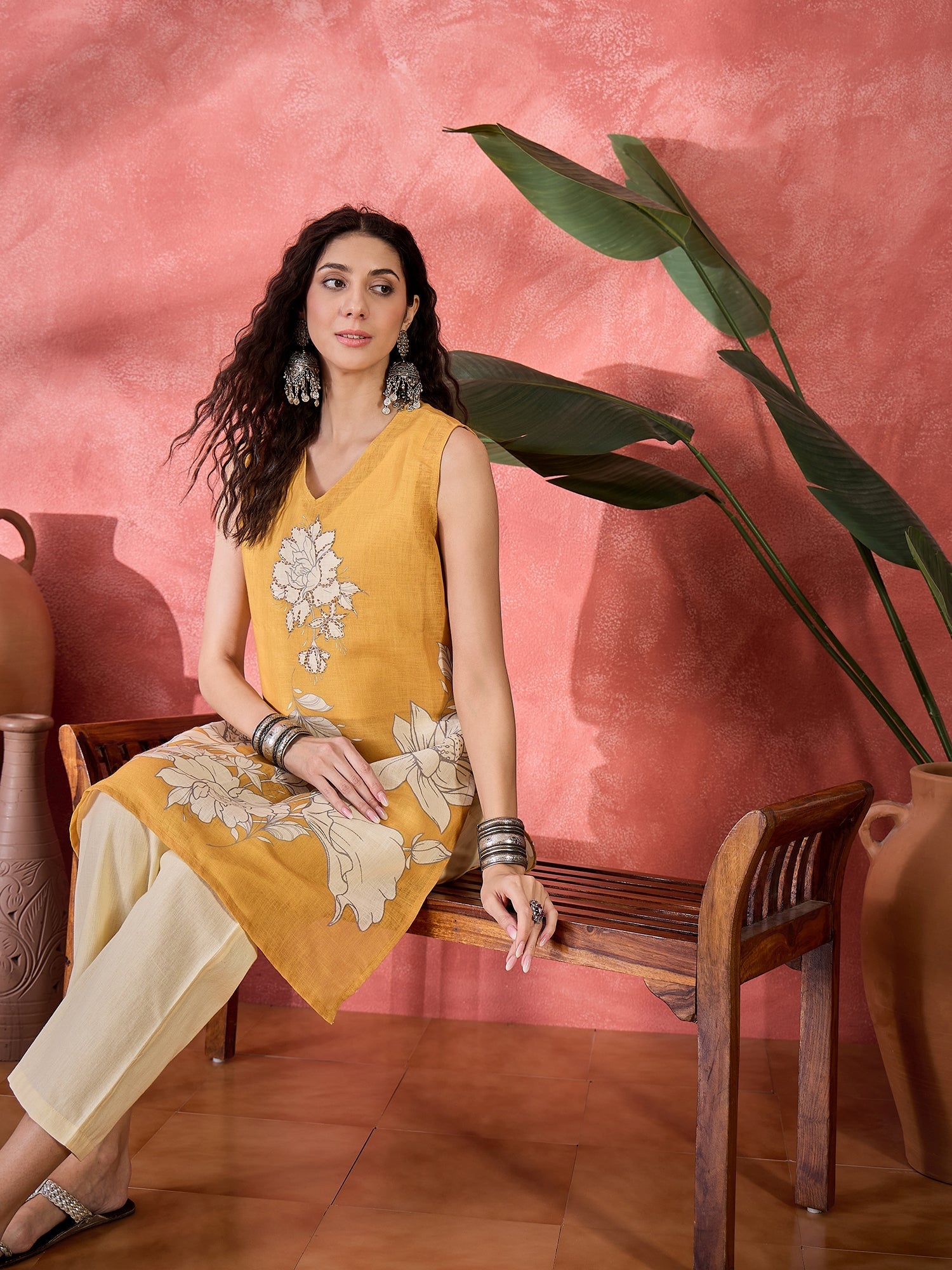 Mustard Floral Printed V-Neck Cotton Co-Ord Set For Women